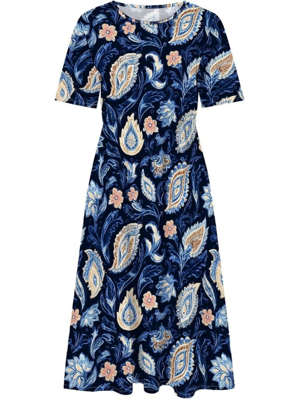 Women's Dark Blue Sleeve Crewneck Floral Print Casual Mode Maxi Long Dress - Picture 4 of 5